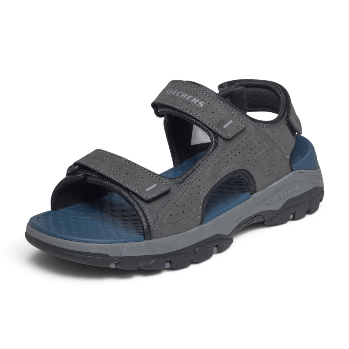 FRG Skechers Tresmen Garo charcoal grey open-toe sandals with adjustable straps and cushioned blue footbed