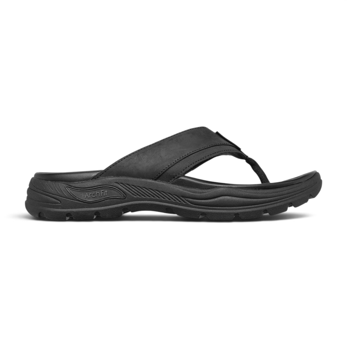 FRG Skechers Arch Fit Motley SD Malico black leather thong sandal with cushioned arch support side view