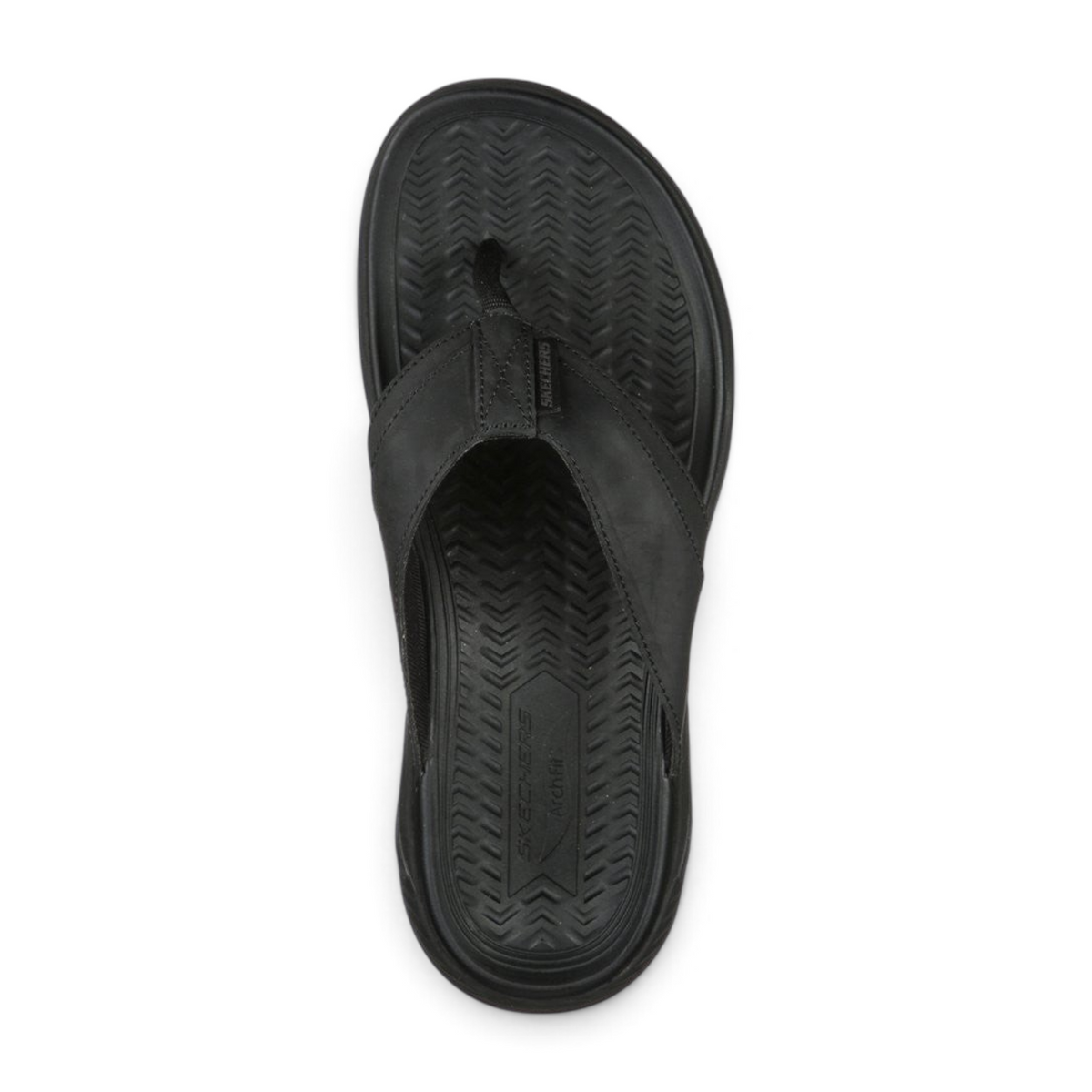 FRG Skechers Arch Fit Motley SD Malico black leather thong sandal with podiatrist-certified arch support