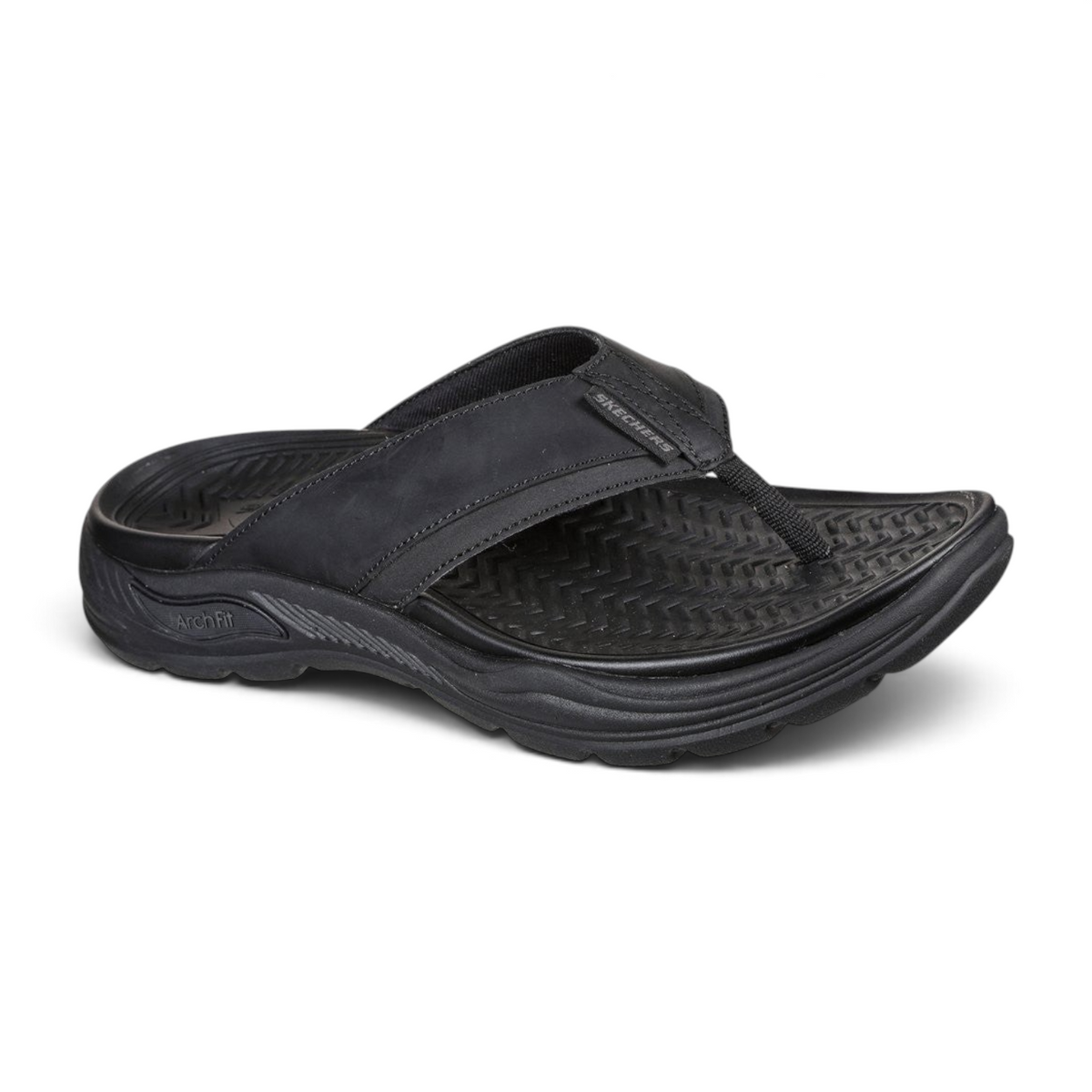 FRG Skechers Arch Fit Motley SD Malico black leather thong sandal with cushioned arch support sole
