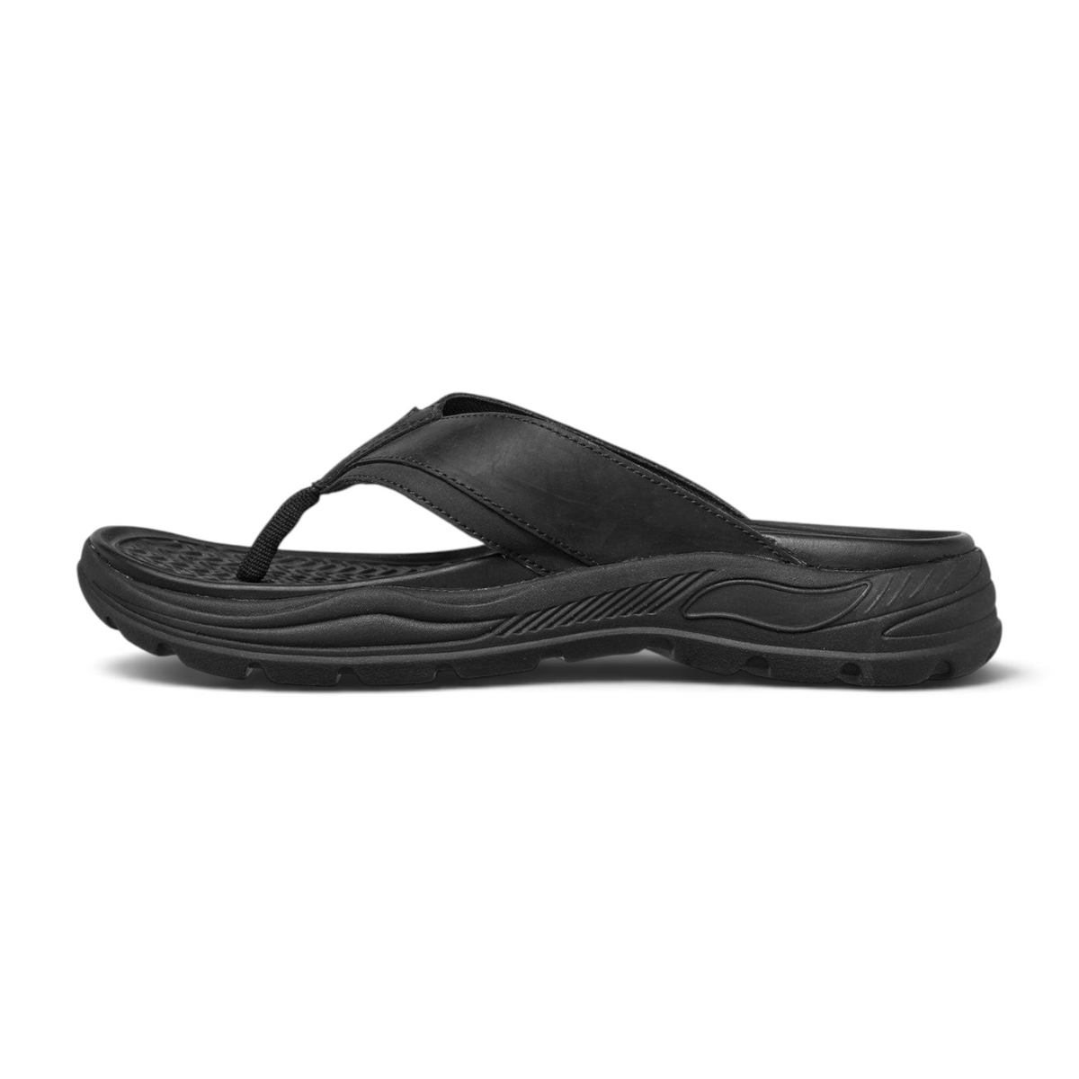 FRG Skechers Arch Fit Motley SD Malico black leather thong sandal with cushioned arch support side view