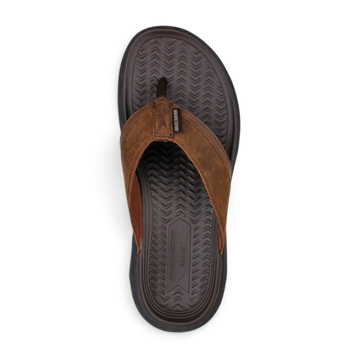 FRG Skechers Arch Fit Motley SD Malico dark brown leather thong sandal with supportive cushioned footbed