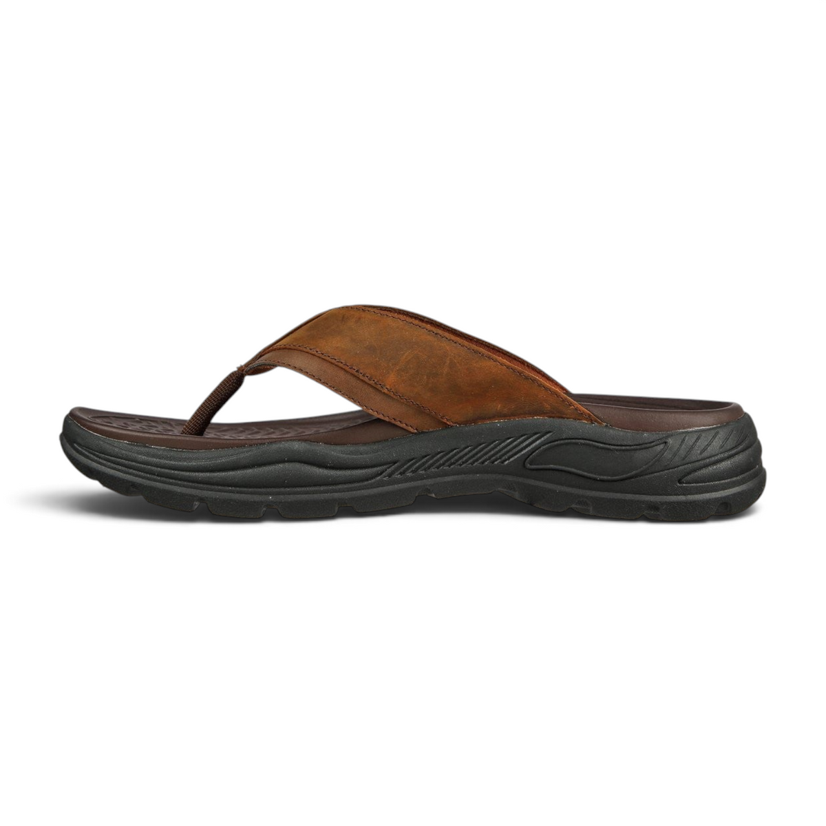 FRG Skechers Arch Fit Motley SD Malico dark brown leather thong sandal with cushioned arch support side view
