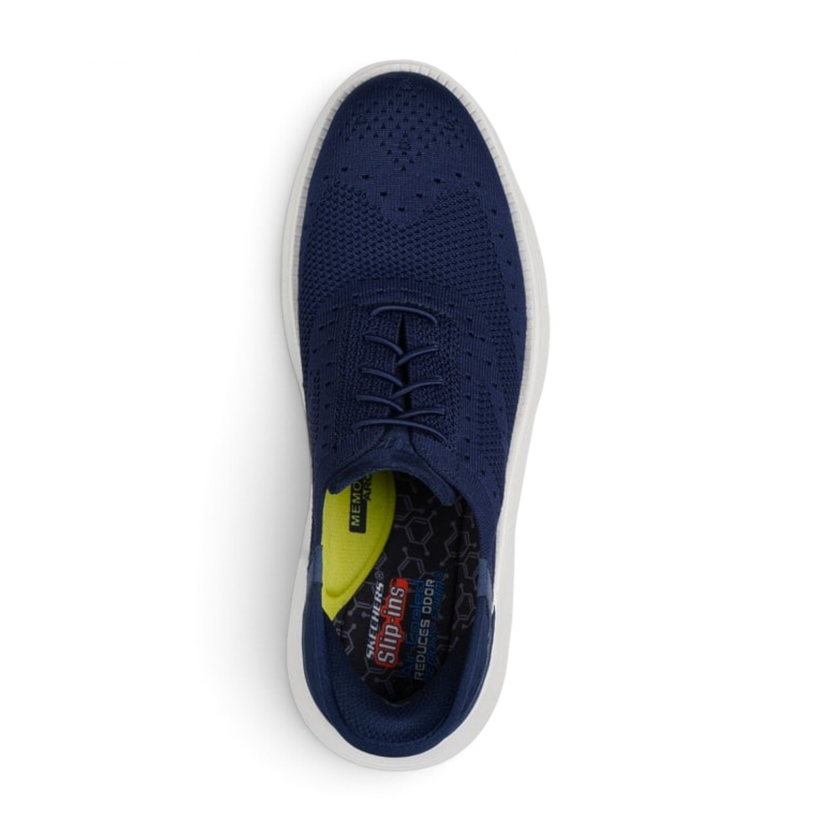 FRG Skechers Garza Palma navy wingtip slip-in shoe with engineered knit upper and white sole, top view
