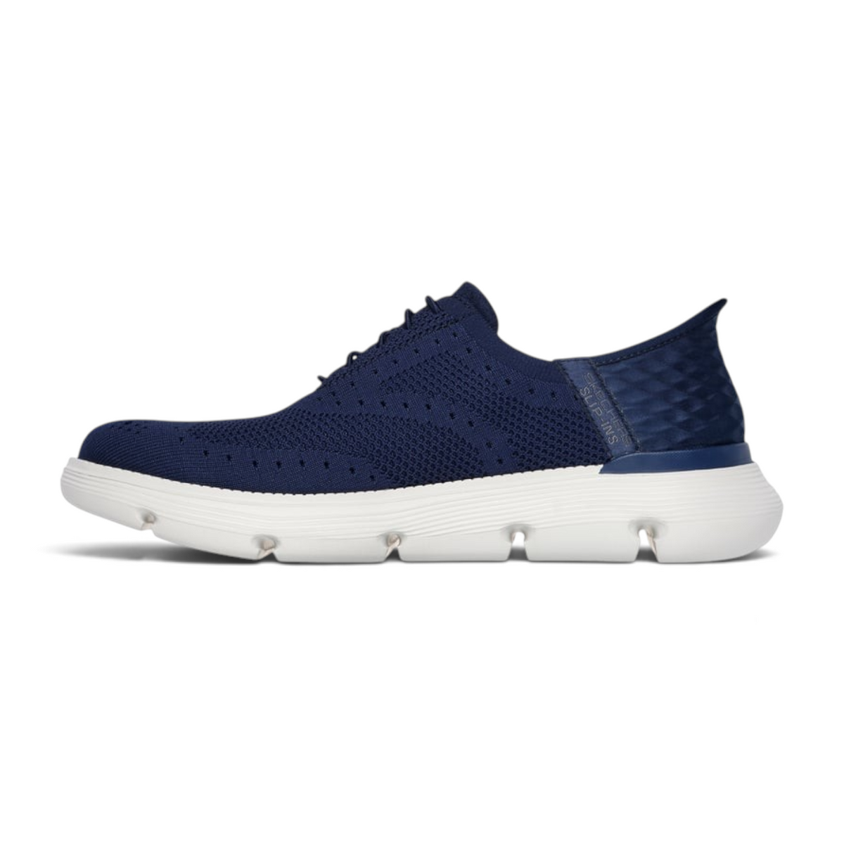 FRG Skechers Garza Palma navy slip-in shoe with engineered knit upper, white cushioned sole, and wingtip design.