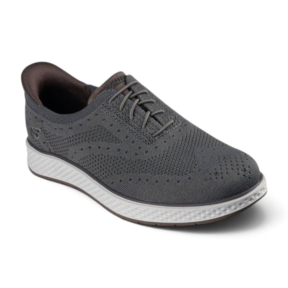 FRG Skechers Slip-Ins Burkett-Durand grey wingtip slip-on shoes with a breathable knit upper and white textured sole.