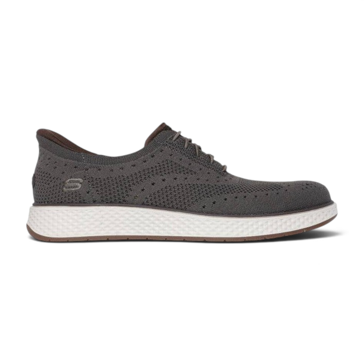 FRG Skechers Slip-Ins Burkett-Durand grey wingtip slip-on shoes with a breathable knit upper and white sole