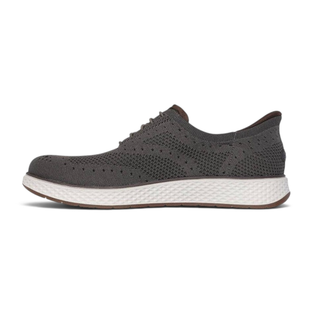FRG Skechers Slip-Ins Burkett-Durand grey wingtip slip-on shoes with a breathable knit upper and white textured sole