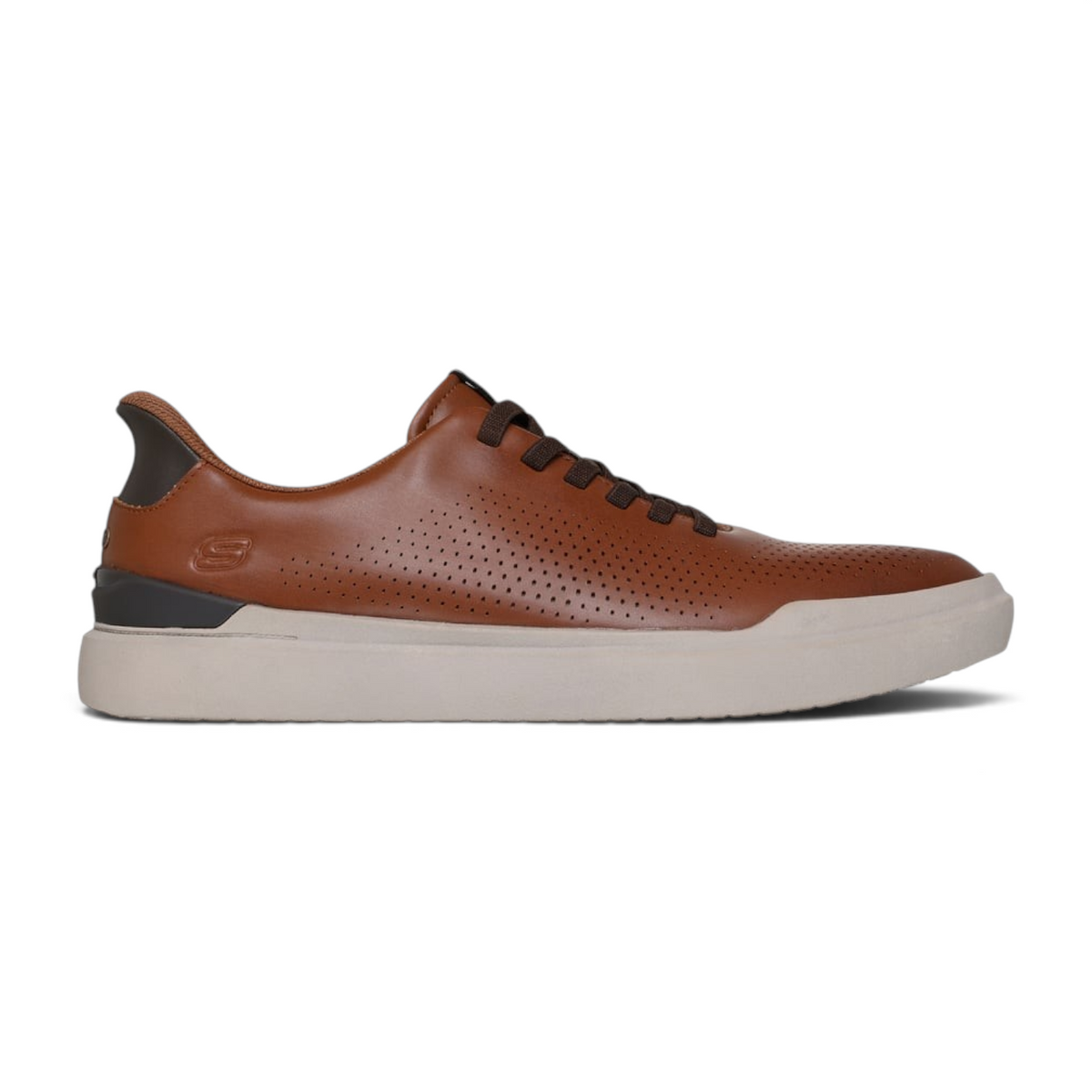 FRG Skechers Owen Connell brown perforated synthetic slip-on sneaker with stretch laces and memory foam insole.
