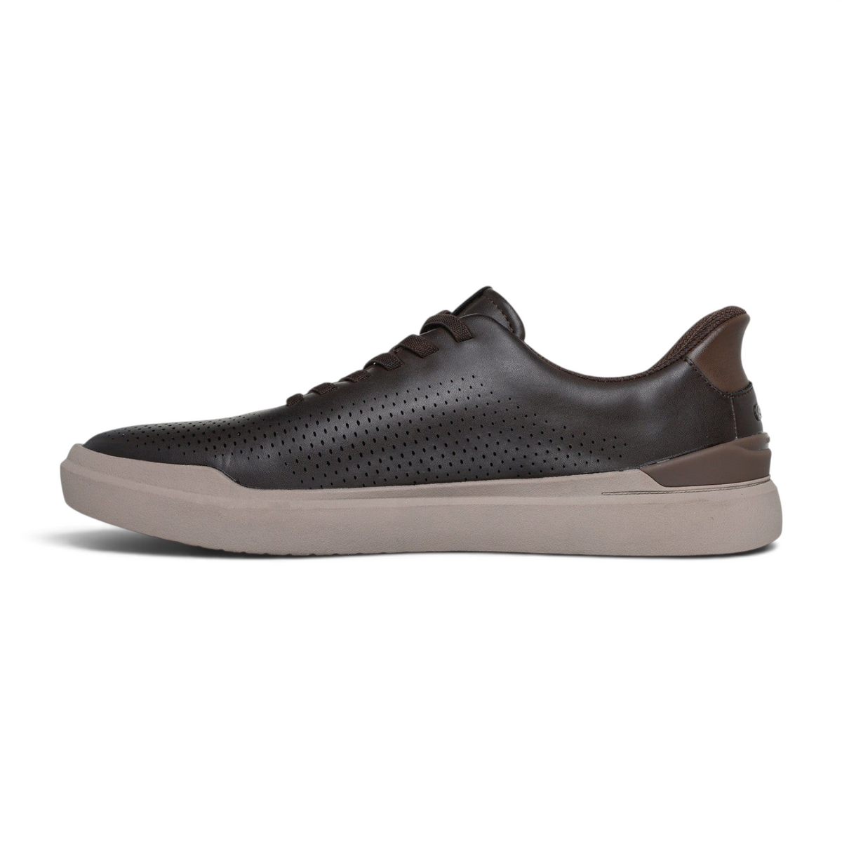 FRG OWEN CONNELL dark brown perforated leather sneaker with a beige rubber sole in a side profile view