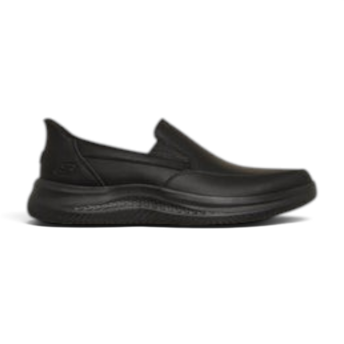FRG Skechers Hasting Rowell black slip-on moc-toe loafer with cushioned sole and heel pillow design