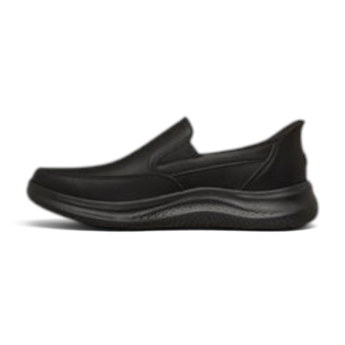 FRG Skechers Hasting Rowell black slip-in moc-toe loafer with cushioned sole and leather upper