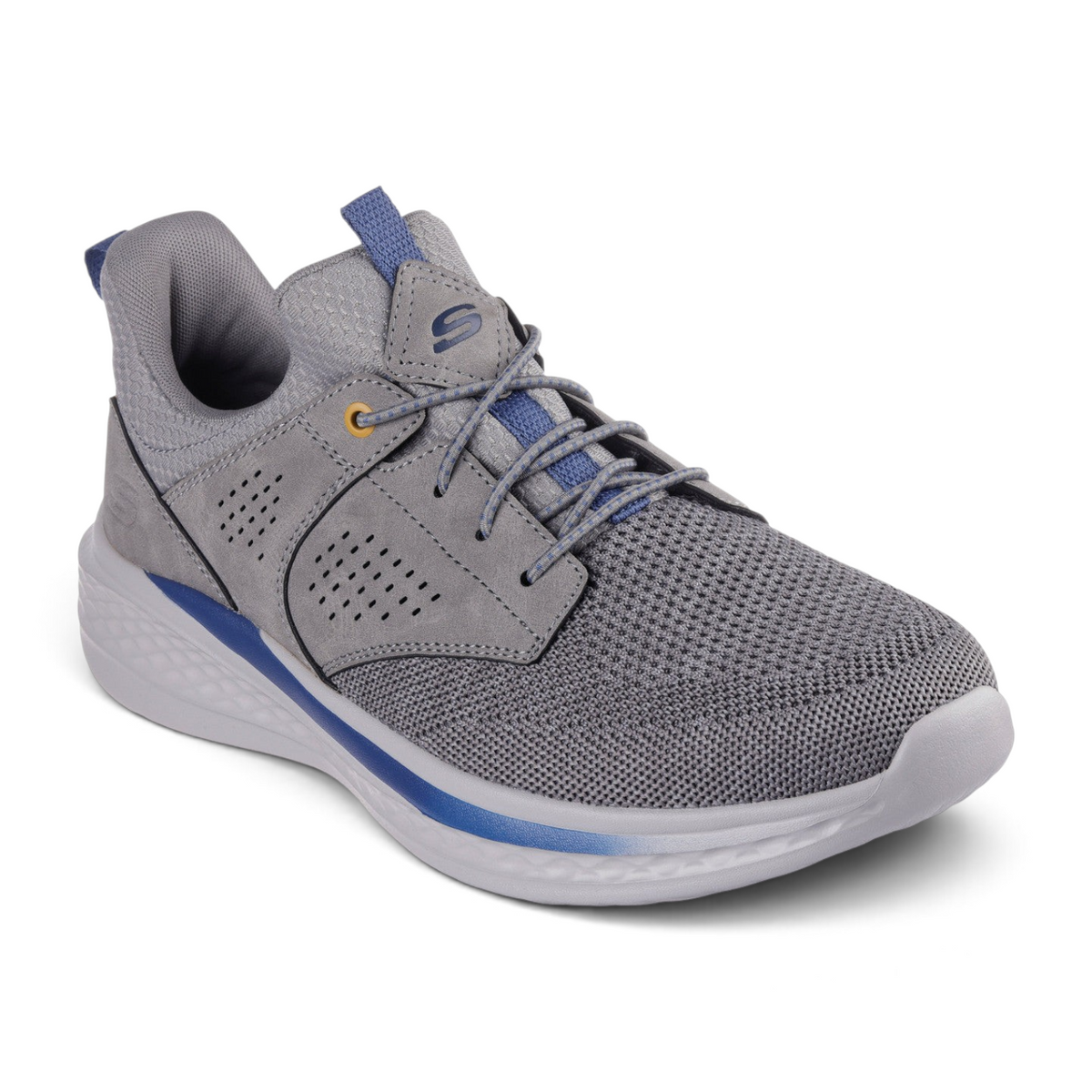 FRG Skechers Slade Breyer gray mesh and synthetic sneakers with Air-Cooled Memory Foam insoles and stretch laces.