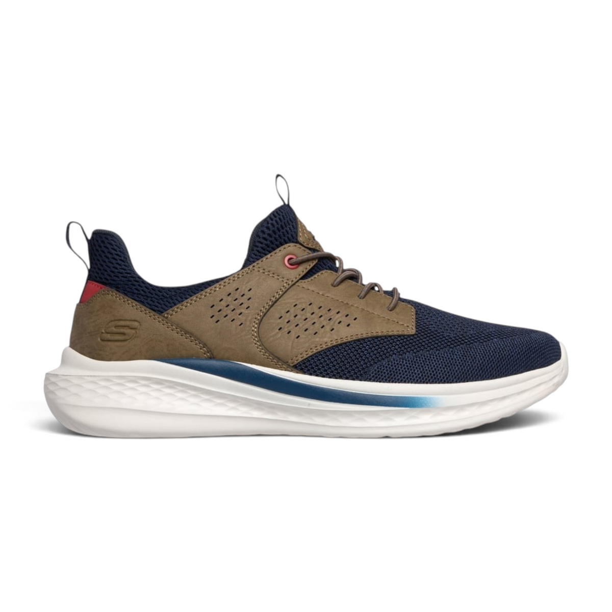 FRG Skechers Slade Breyer navy and tan vegan sneaker with mesh upper and memory foam insole