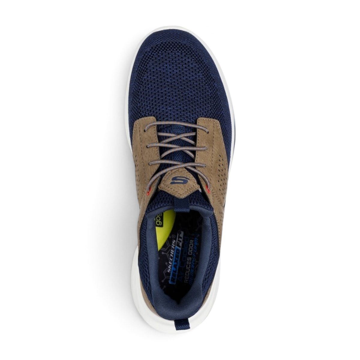 FRG Skechers Slade Breyer navy and tan mesh sneaker with stretch laces and memory foam insole, top view