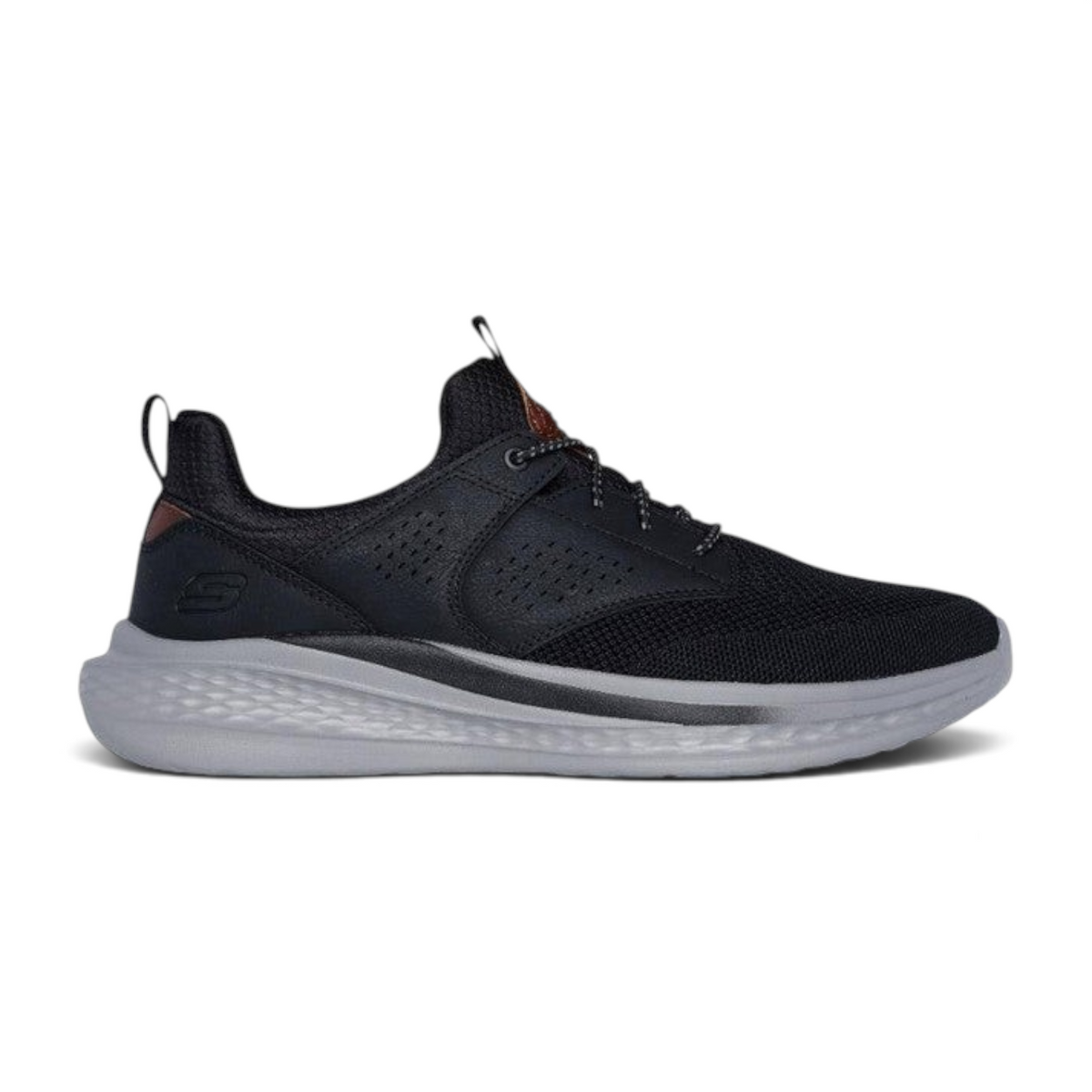 FRG Skechers Slade Breyer black vegan sneaker with mesh upper, stretch laces, and grey cushioned midsole.