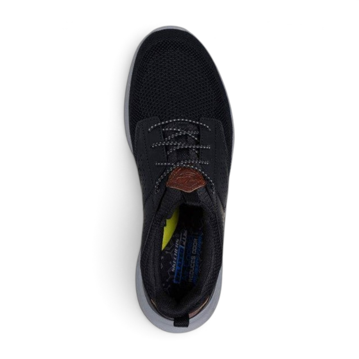 FRG Skechers Slade Breyer black vegan sneaker with mesh upper and stretch laces, top-down view