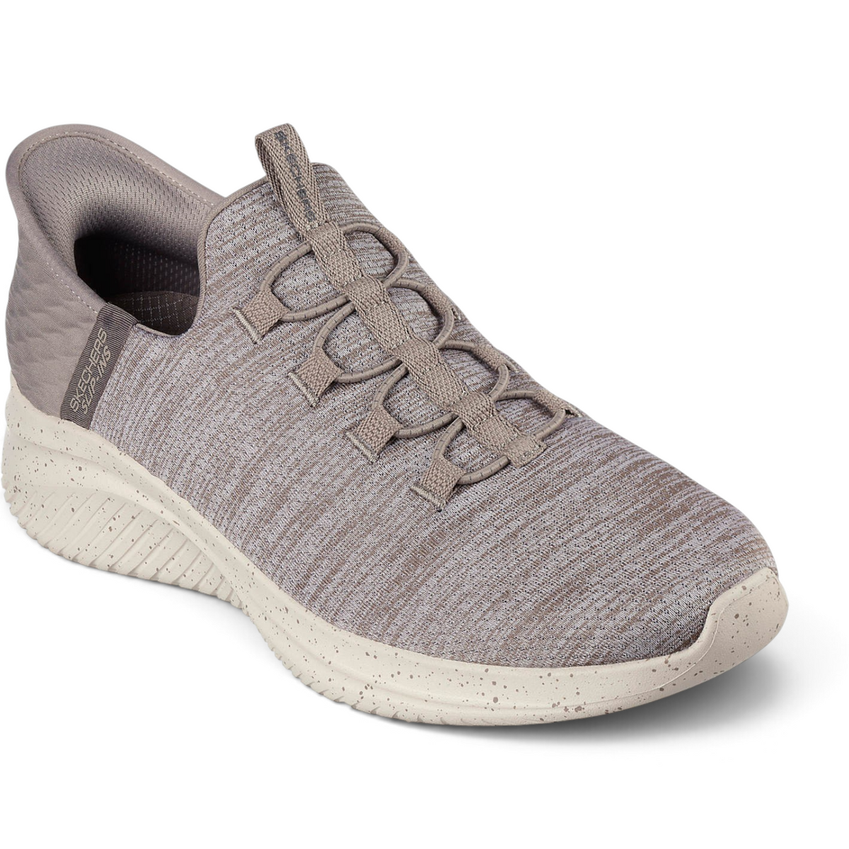 FRG Skechers Slip-ins Ultra Flex 3.0 taupe jersey mesh sneaker with a speckled cushioned sole and stretch laces.