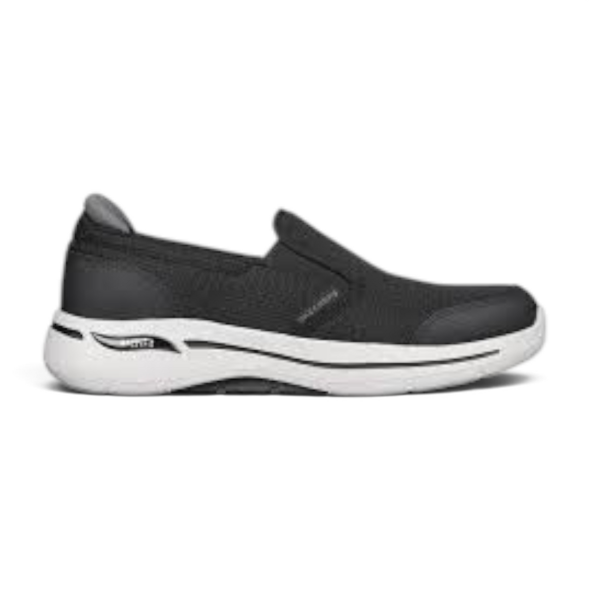 FRG GO WALK ARCH FIT black slip-on walking shoe with a white cushioned midsole and supportive arch design