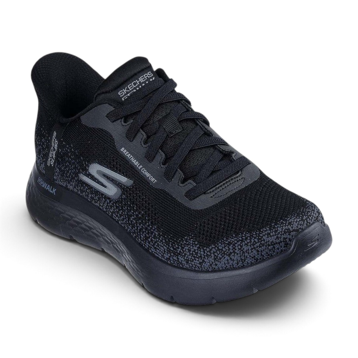FRG Skechers GO WALK Flex Palomo slip-on sneaker in black and charcoal with breathable knit upper and cushioned sole.