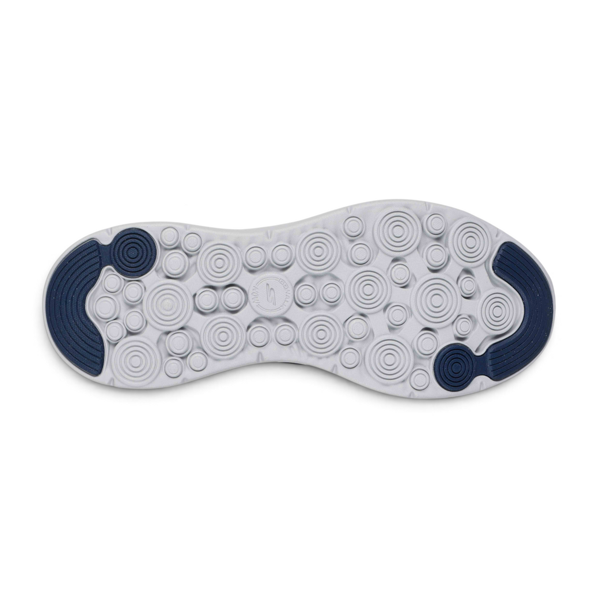 FRG GO WALK NOW SAUNTERED shoe outsole with light grey circular traction pods and dark blue rubber grip inserts