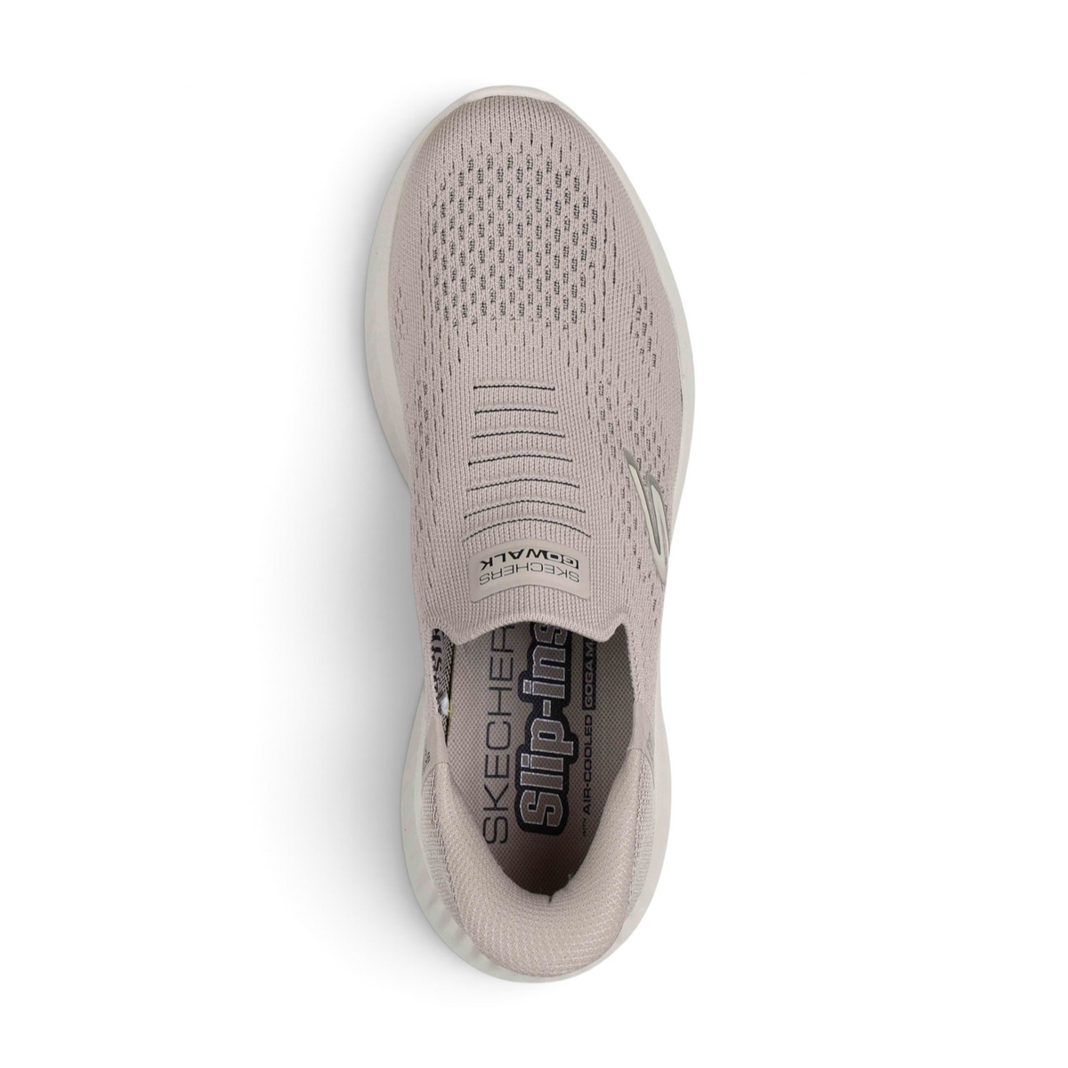 FRG GO WALK NOW SAUNTERED slip-on sneaker in light mauve mesh with a cushioned white sole, top-down view.