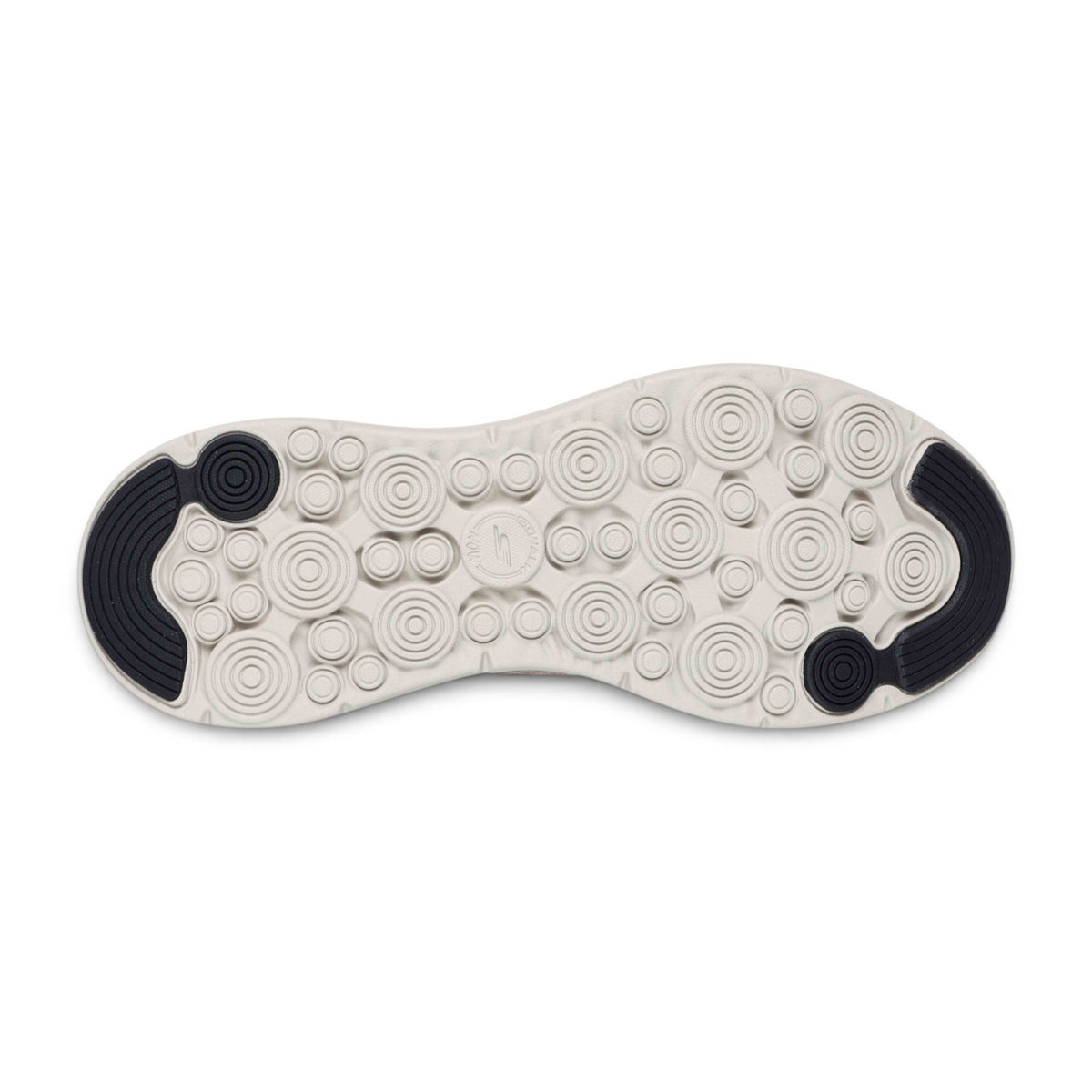 FRG GO WALK NOW SAUNTERED shoe outsole with beige circular traction pods and black rubber heel and toe grip pads