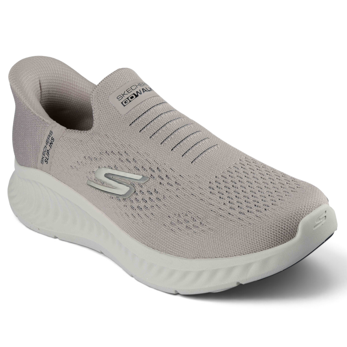 FRG Skechers GO WALK NOW SAUNTERED slip-on sneaker in light grey knit fabric with a cushioned white midsole