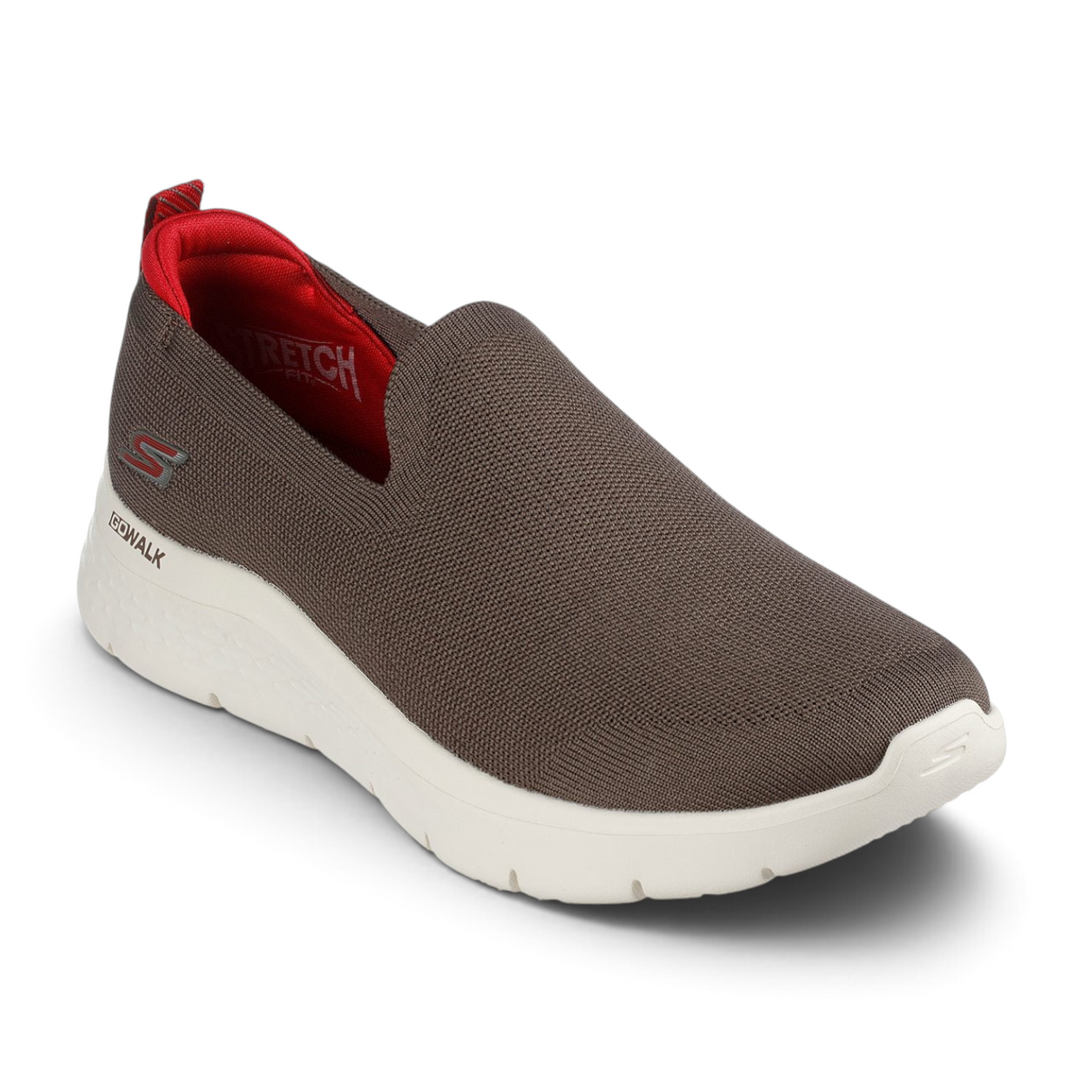 FRG GO WALK FLEX slip-on sneaker in brown mesh with a red interior lining and white cushioned sole