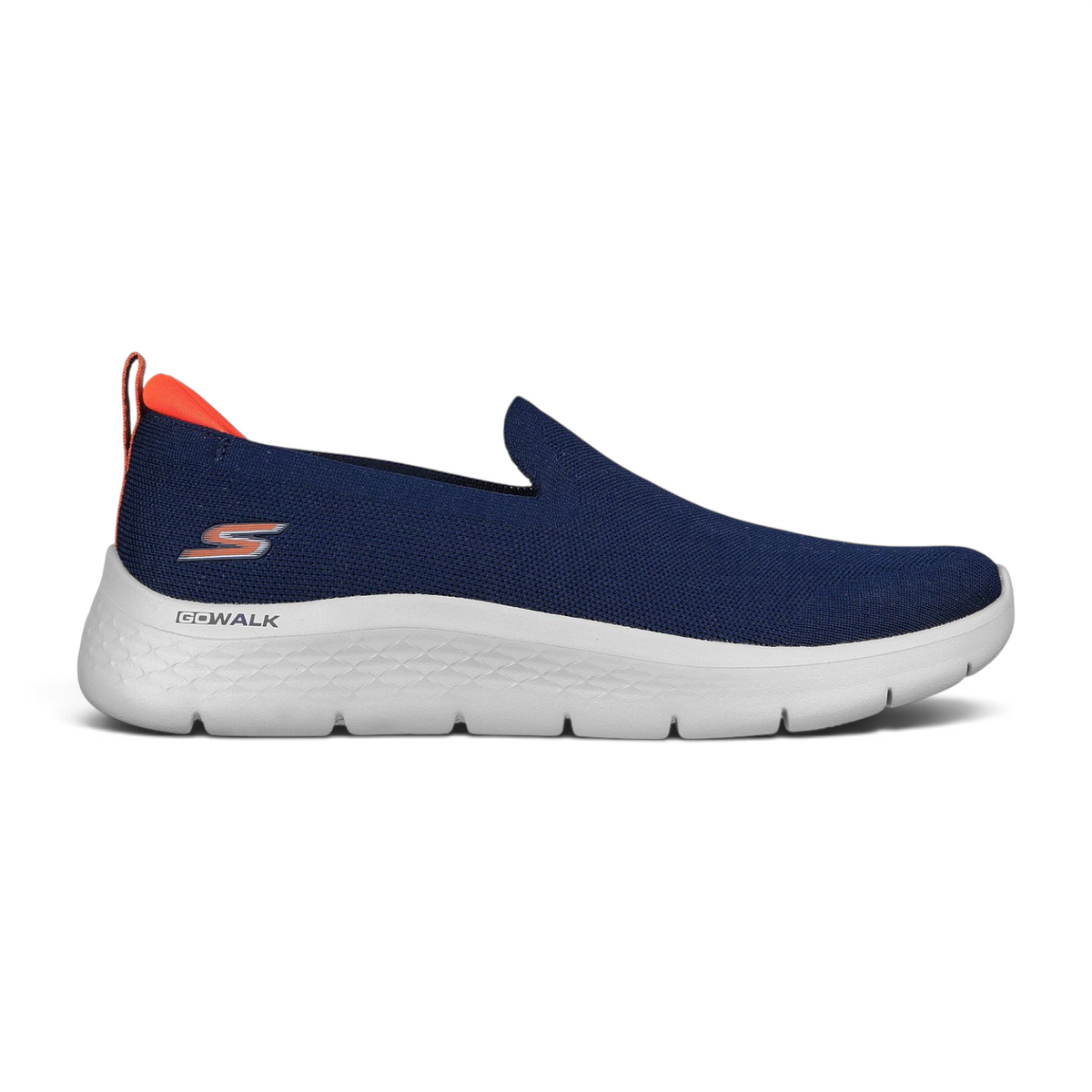 FRG GO WALK FLEX slip-on sneaker in navy blue mesh with a white cushioned sole and orange heel pull tab