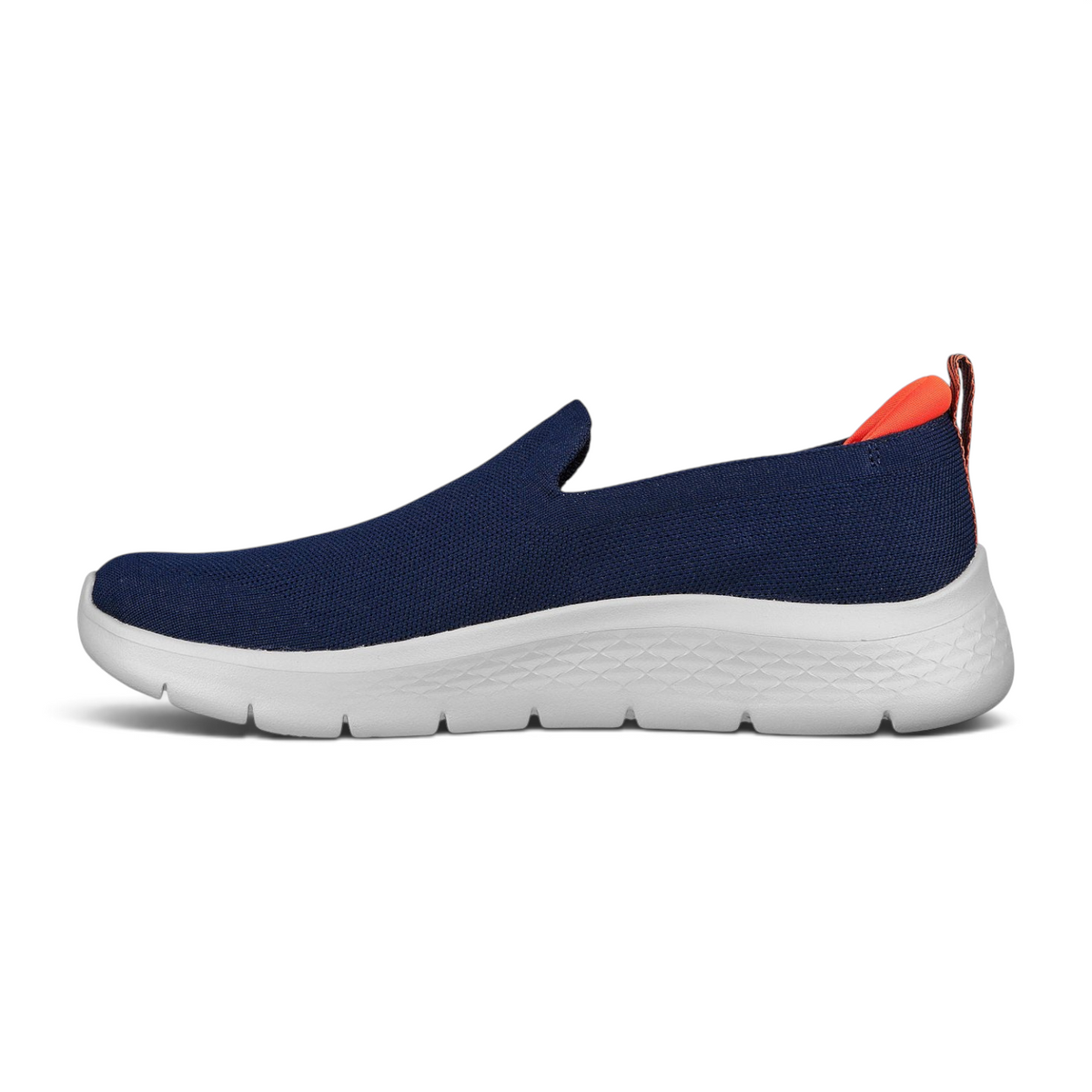 FRG GO WALK FLEX navy blue slip-on walking shoe with a white cushioned sole and bright orange heel pull tab