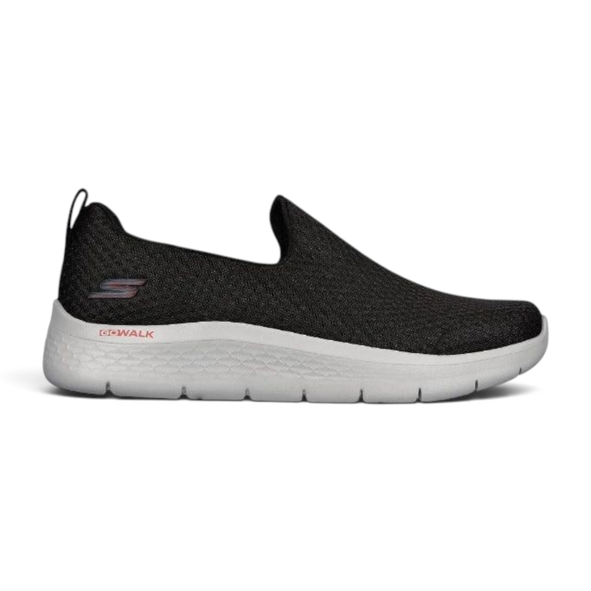 FRG GO WALK FLEX slip-on walking shoe in black mesh with a white cushioned sole and side logo detail