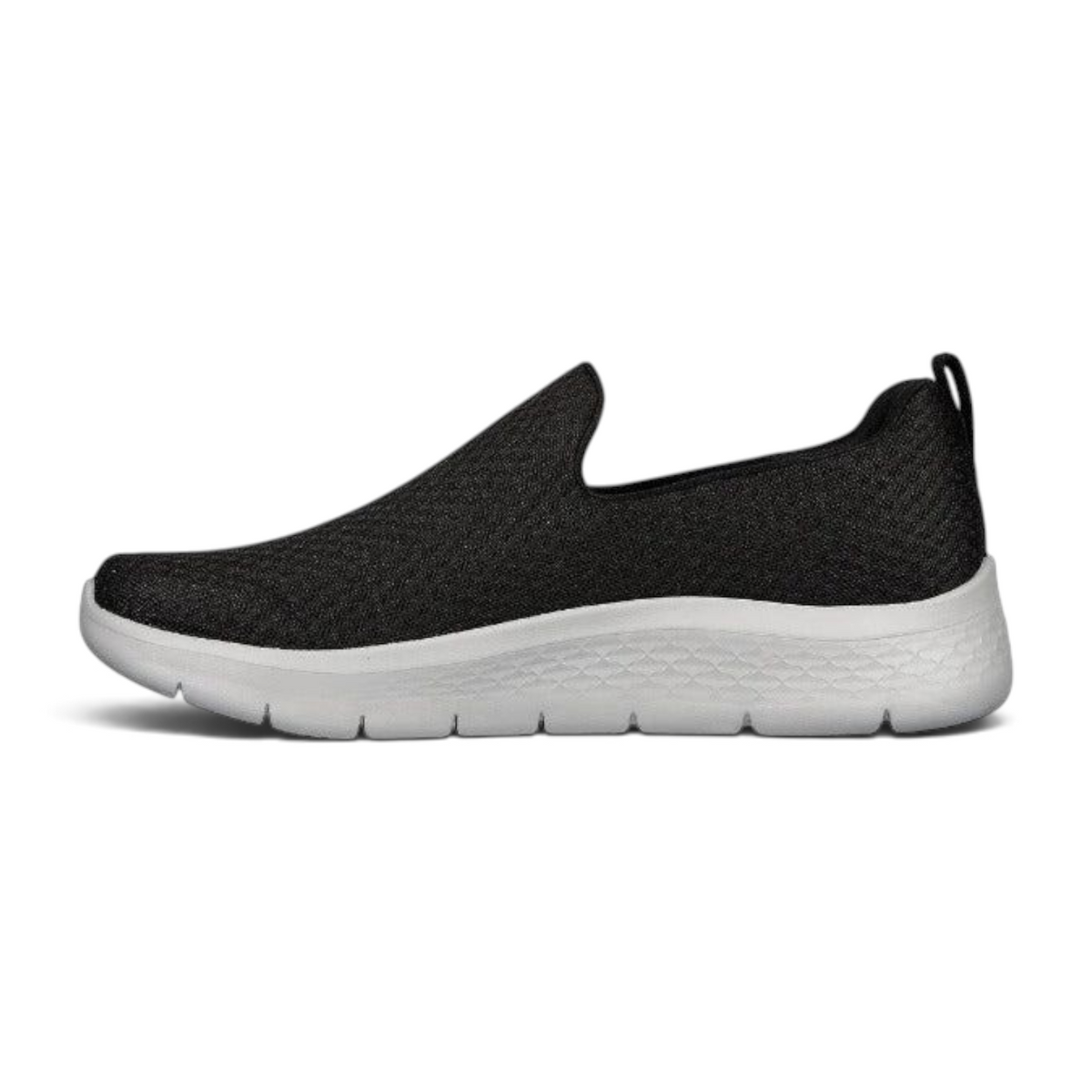FRG GO WALK FLEX slip-on walking shoe in black mesh with a white cushioned sole, side profile view.