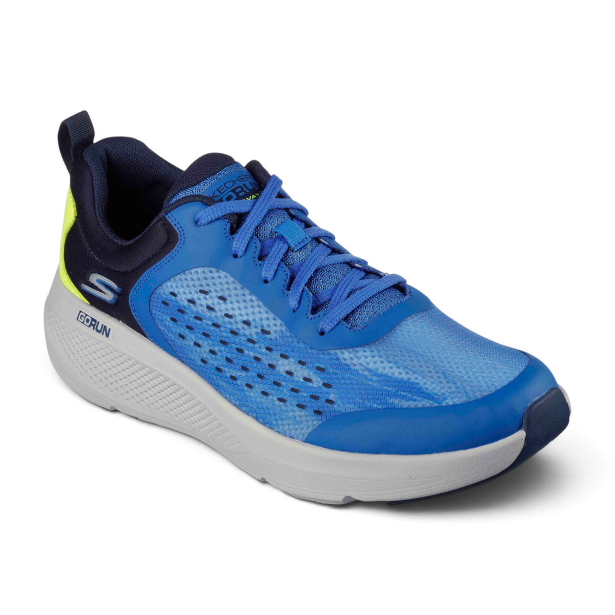 FRG GO RUN ELEVATE blue running shoe with Breeze Tech mesh, lace-up closure, and neon yellow heel detail.
