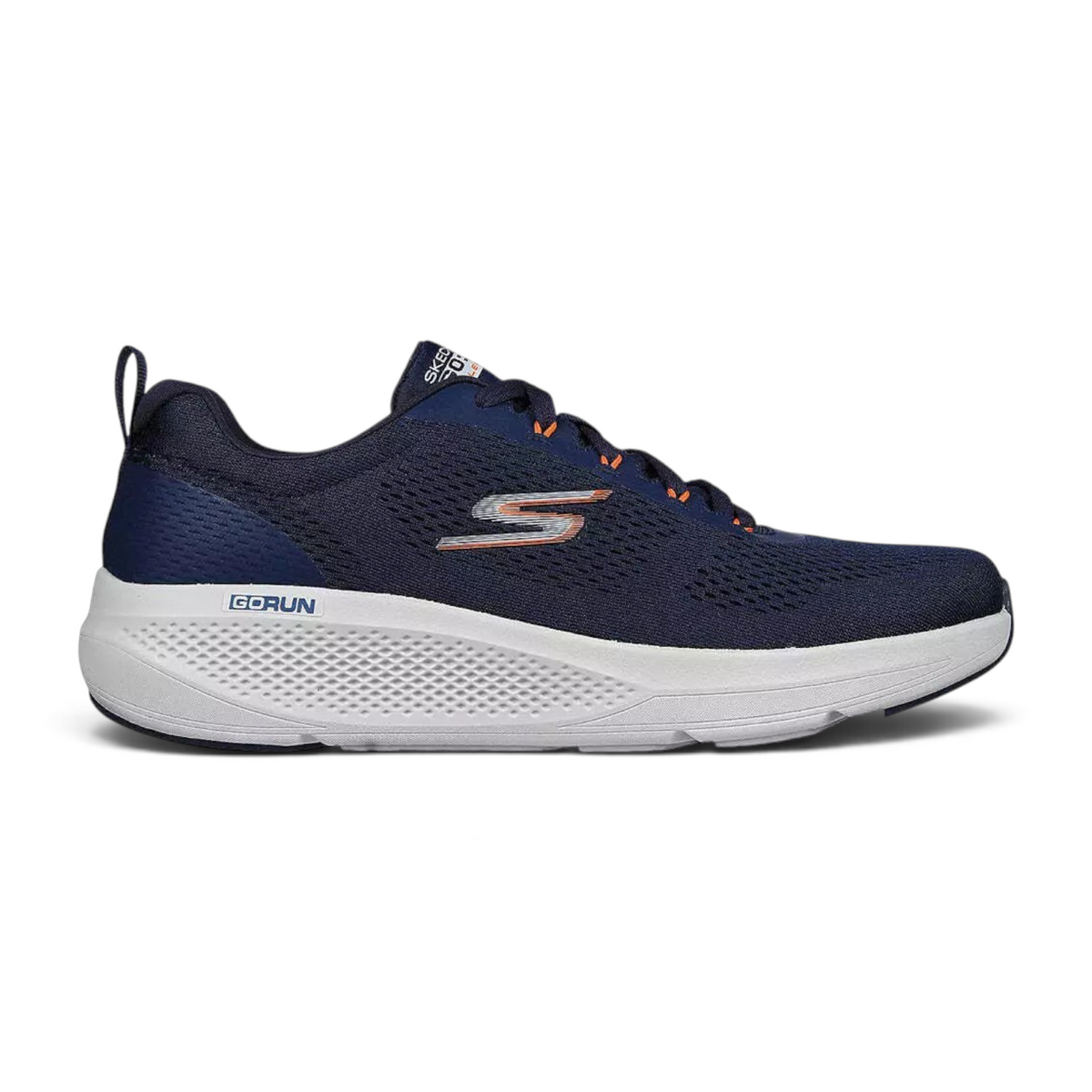 FRG GO RUN ELEVATE navy blue running shoe with white cushioned midsole and orange logo accents