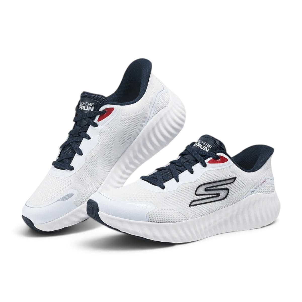 FRG Skechers GO RUN Now white and navy lightweight running shoes with breathable mesh and slip-in design