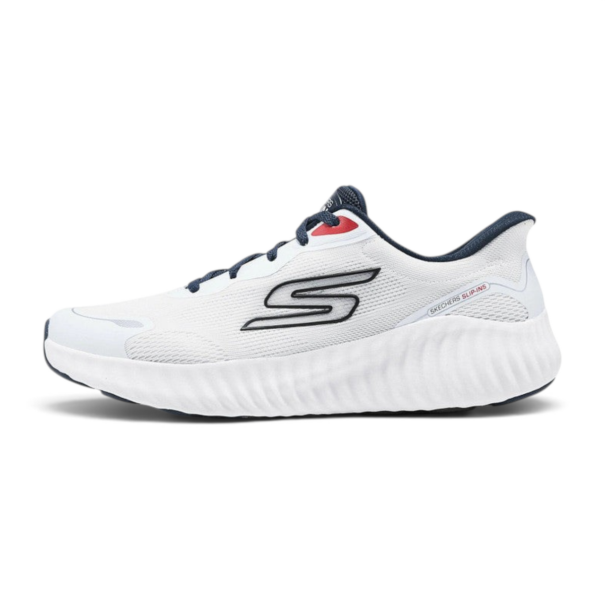 FRG Skechers GO RUN Now lightweight running shoe in white and navy with breathable mesh and slip-in design