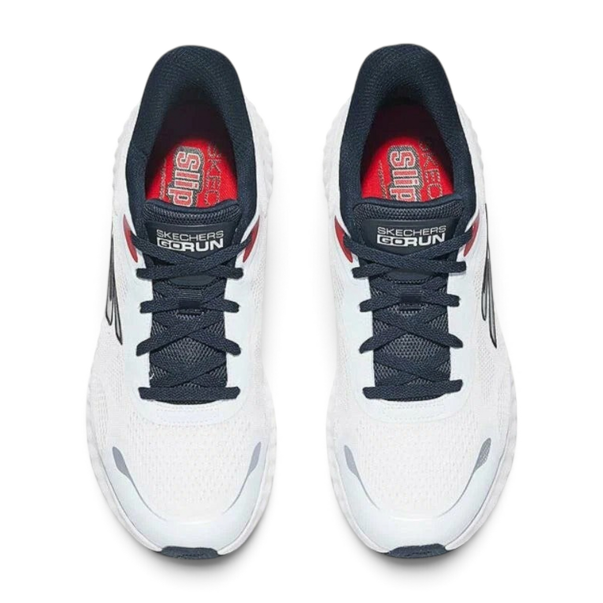 FRG Skechers GO RUN Now lightweight running shoes in white and navy with breathable mesh and slip-in design