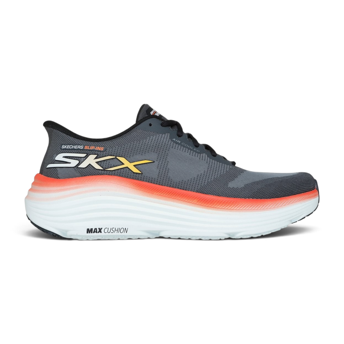 FRG Skechers Slip-ins Max Cushioning running shoe in charcoal grey with a thick white and orange gradient midsole