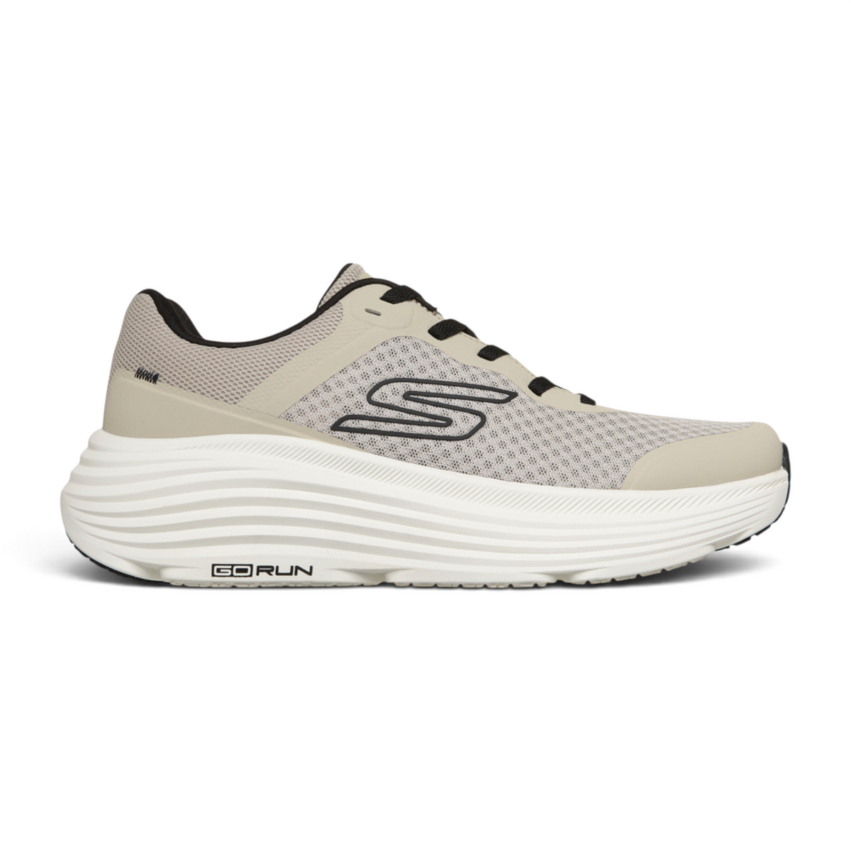 FRG Skechers Max Cushioning Endeavour running shoe in beige mesh with white thick foam midsole and black accents.