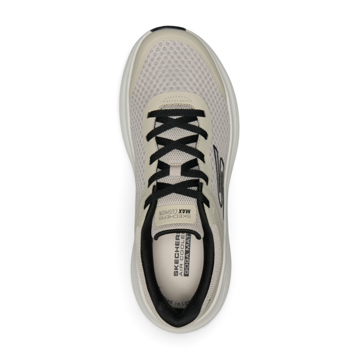 FRG Skechers Max Cushioning Endeavour running shoe in beige mesh with black laces and cushioned midsole top view