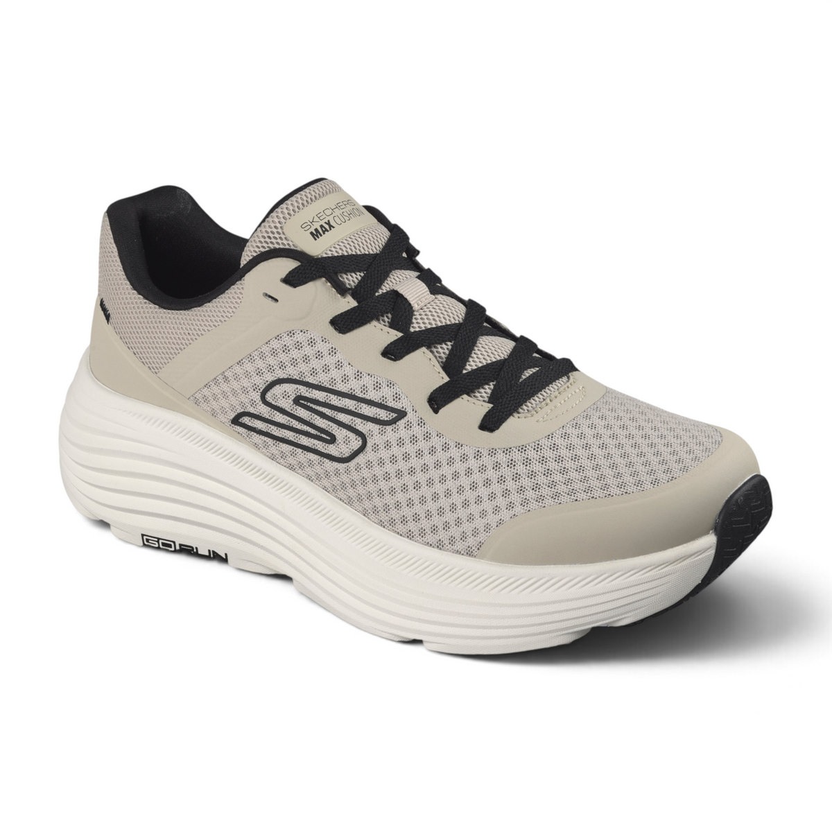 FRG Skechers Max Cushioning Endeavour running shoe in beige mesh with black laces and thick white cushioned midsole
