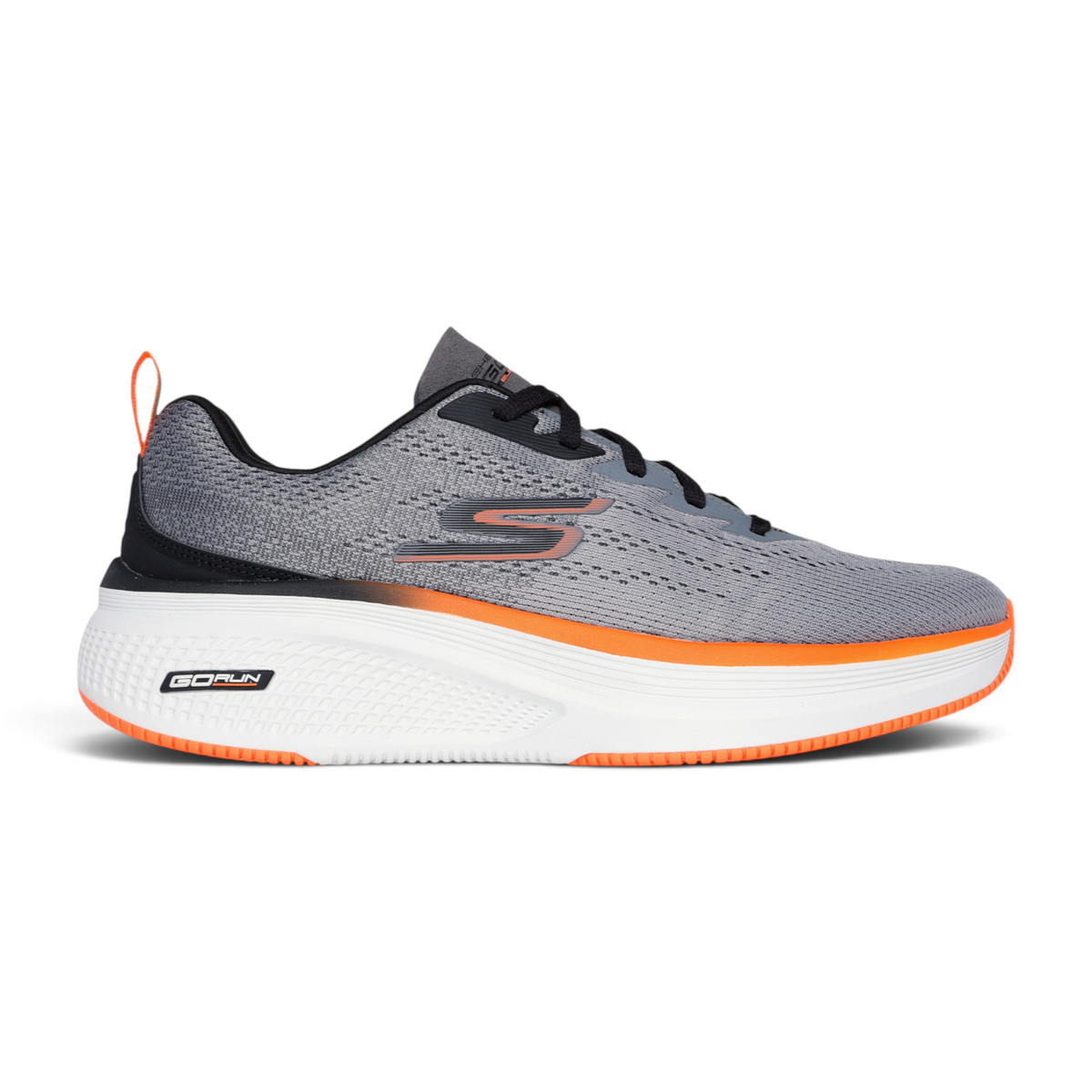 FRG GO RUN ELEVATE 2.0 FLUID MOTION grey running shoe with orange accents and a thick white cushioned sole