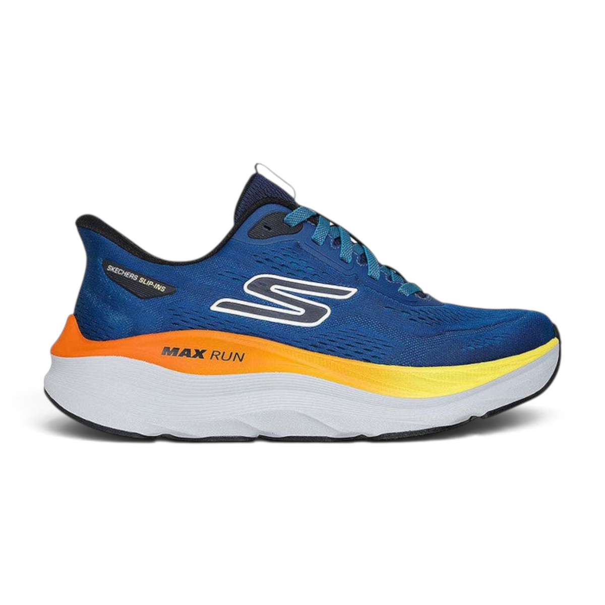 FRG Skechers Max Run navy and mint slip-on running shoe with thick white and orange cushioned midsole