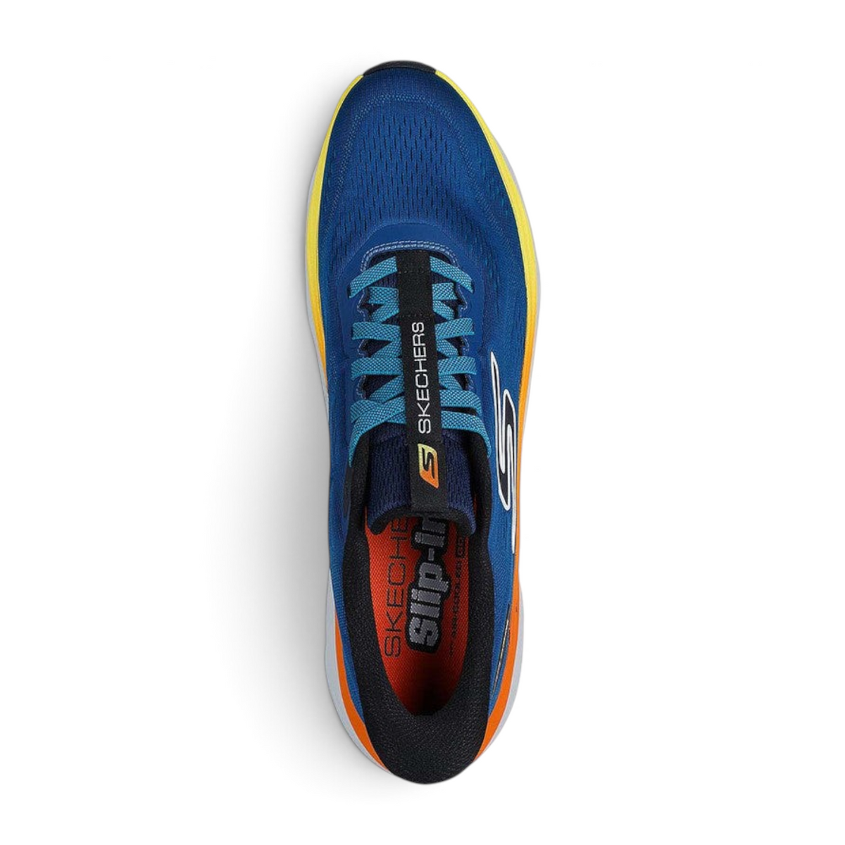 FRG Skechers Max Run navy and mint slip-in running shoe with engineered mesh upper and cushioned midsole