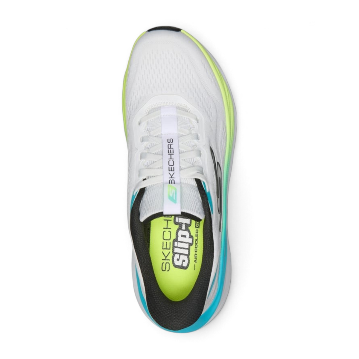 FRG Skechers MAX RUN white slip-on running shoes with neon green and blue accents and breathable mesh upper