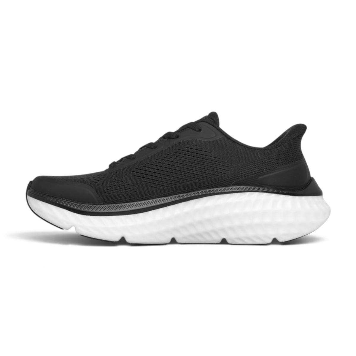 FRG Skechers Max Cushioning Hyper Craze 2.0 black and white performance slip-on sneaker with engineered mesh upper