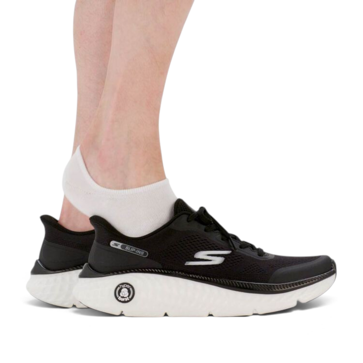 FRG Skechers Max Cushioning Hyper Craze 2.0 black and white performance slip-in sneaker with thick cushioned midsole