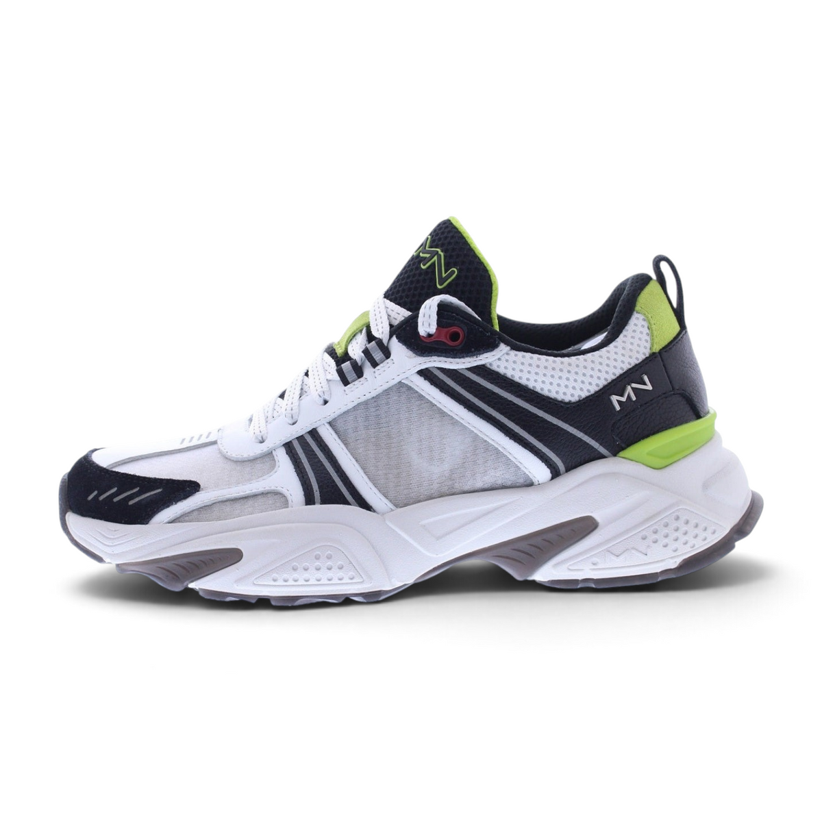 FRG KRAZ athletic sneaker in white, black, and lime green with mesh panels and a chunky rubber sole