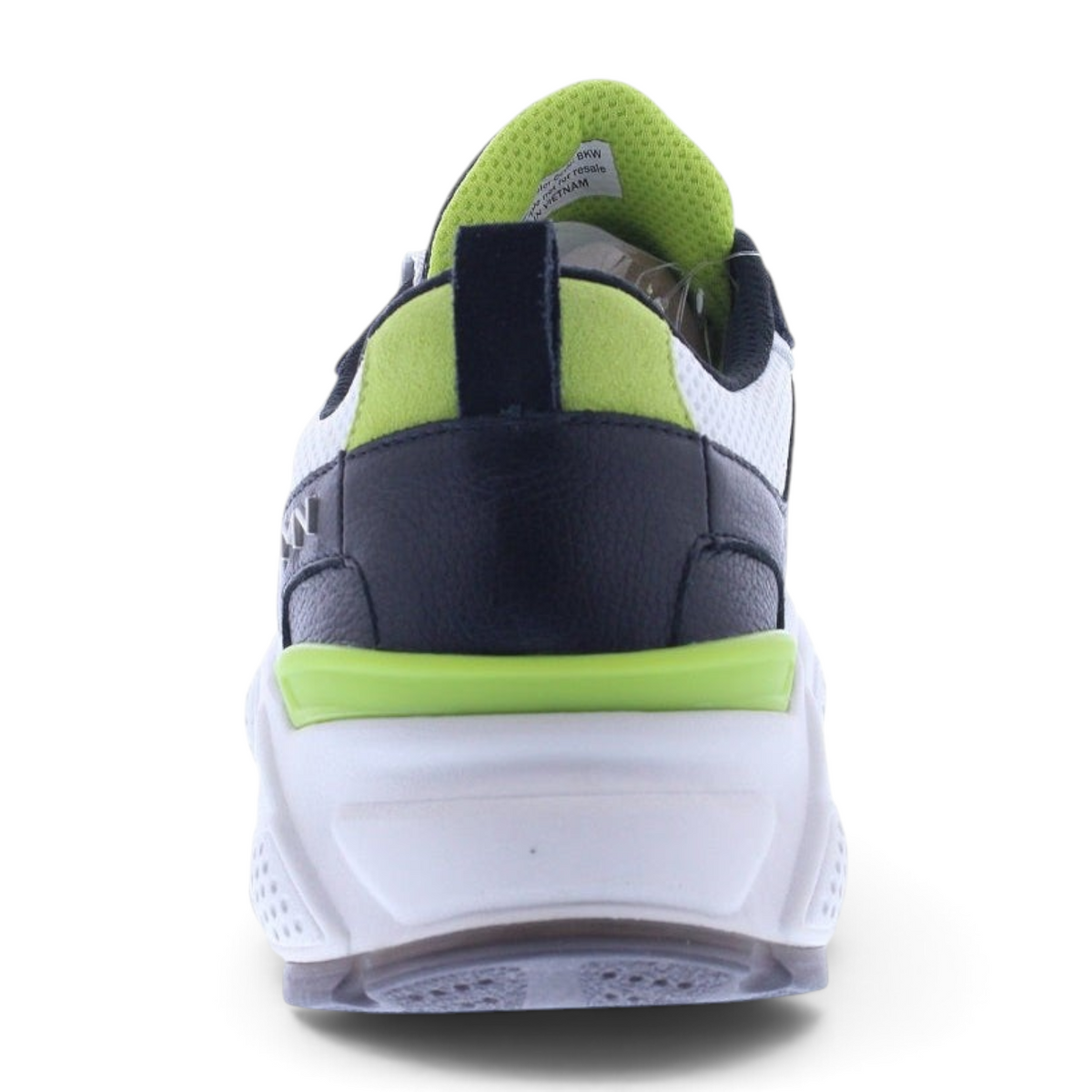 Rear view of FRG KRAZ sneakers featuring black leather, white mesh, and vibrant lime green accents on a thick sole.